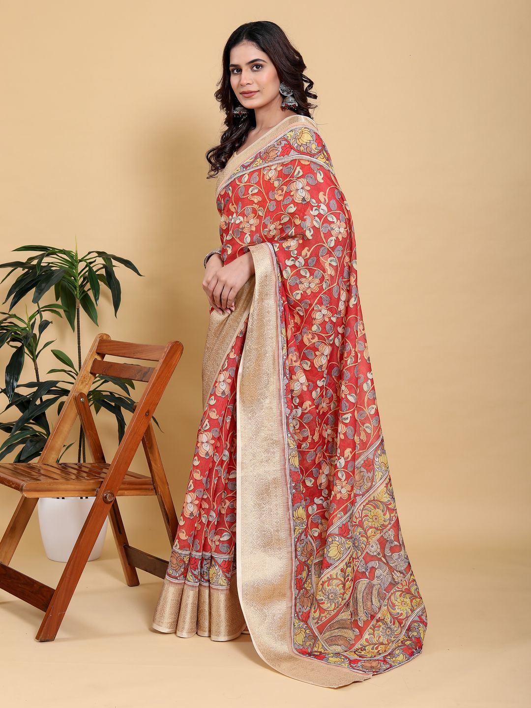 Coral Red Floral Linen Cotton Saree with Jacquard Border