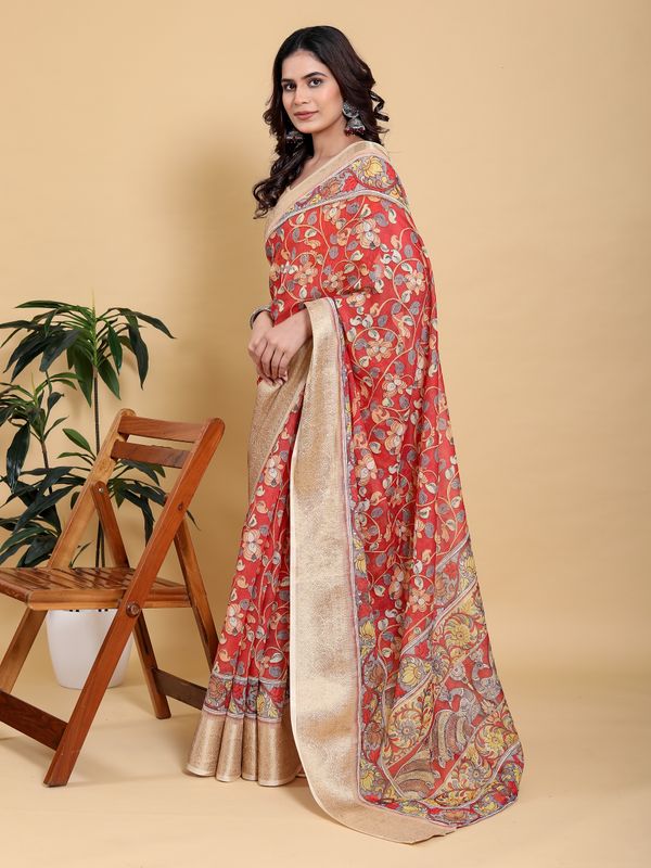 Coral Red Floral Linen Cotton Saree with Jacquard Border