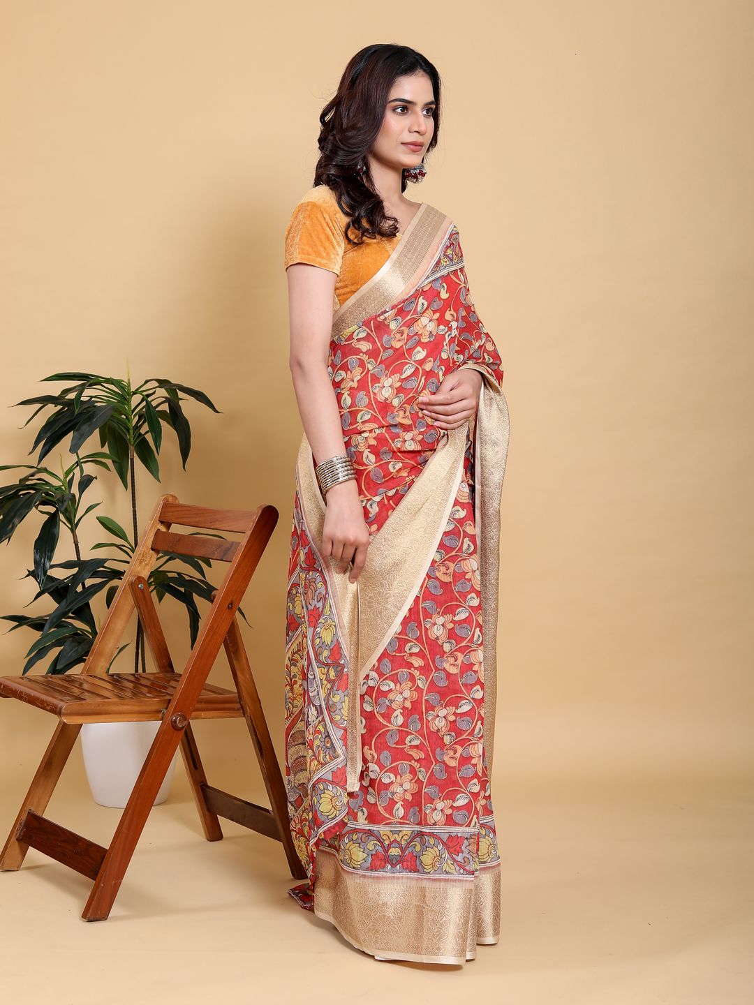 Coral Red Floral Linen Cotton Saree with Jacquard Border