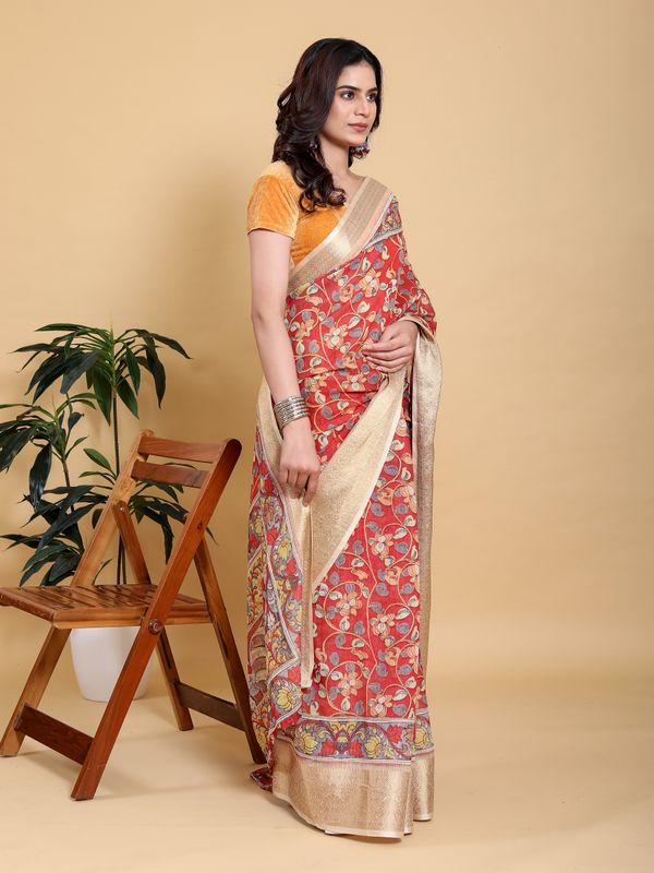 Coral Red Floral Linen Cotton Saree with Jacquard Border