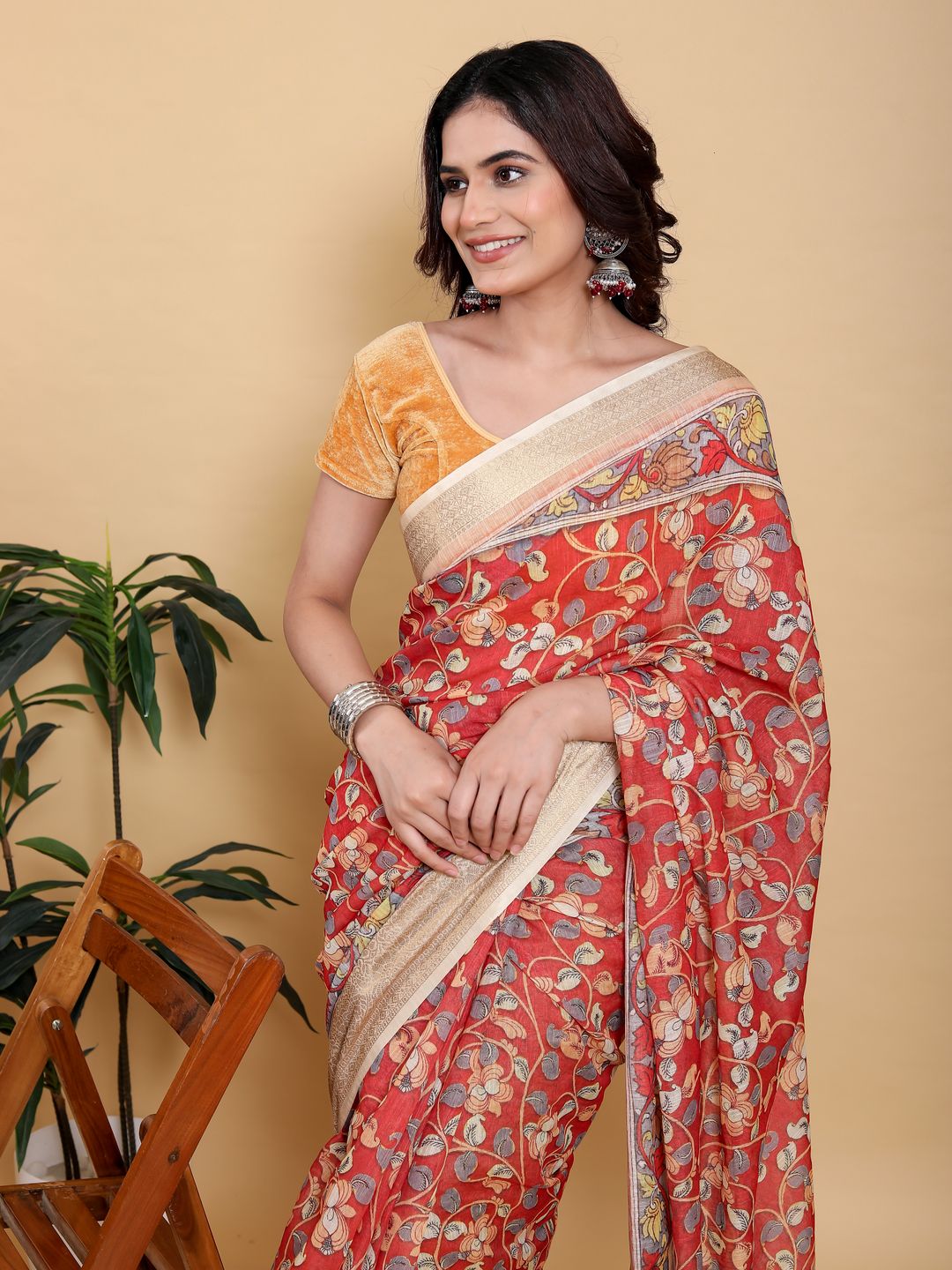 Coral Red Floral Linen Cotton Saree with Jacquard Border