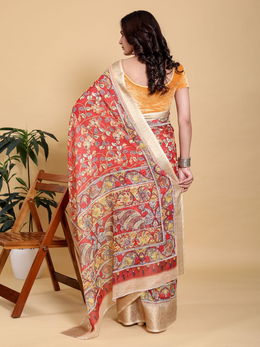 Coral Red Floral Linen Cotton Saree with Jacquard Border