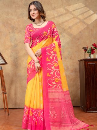 Pink Linen Cotton Floral Woven Saree With Unstitched Blouse