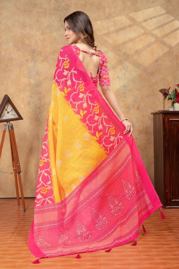 Pink Linen Cotton Floral Woven Saree With Unstitched Blouse