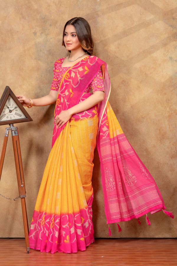 Pink Linen Cotton Floral Woven Saree With Unstitched Blouse