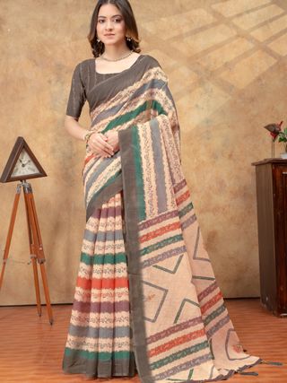 Grey Linen Cotton Printed Saree with Artistic Plain Borders