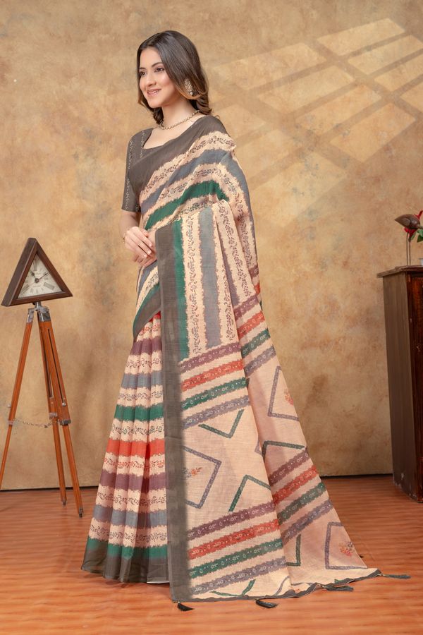 Grey Linen Cotton Printed Saree with Artistic Plain Borders