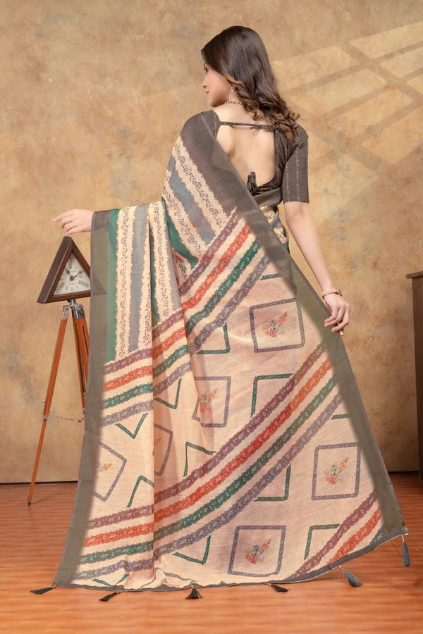 Grey Linen Cotton Printed Saree with Artistic Plain Borders