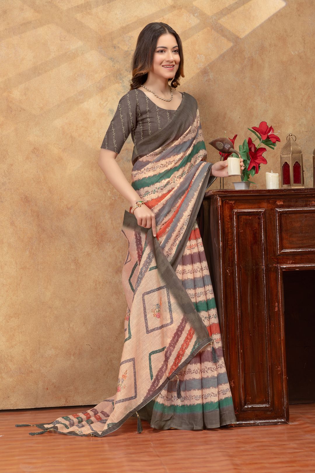 Grey Linen Cotton Printed Saree with Artistic Plain Borders