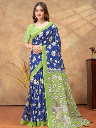 Royal Blue Linen Cotton Floral Printed Saree for Ladies