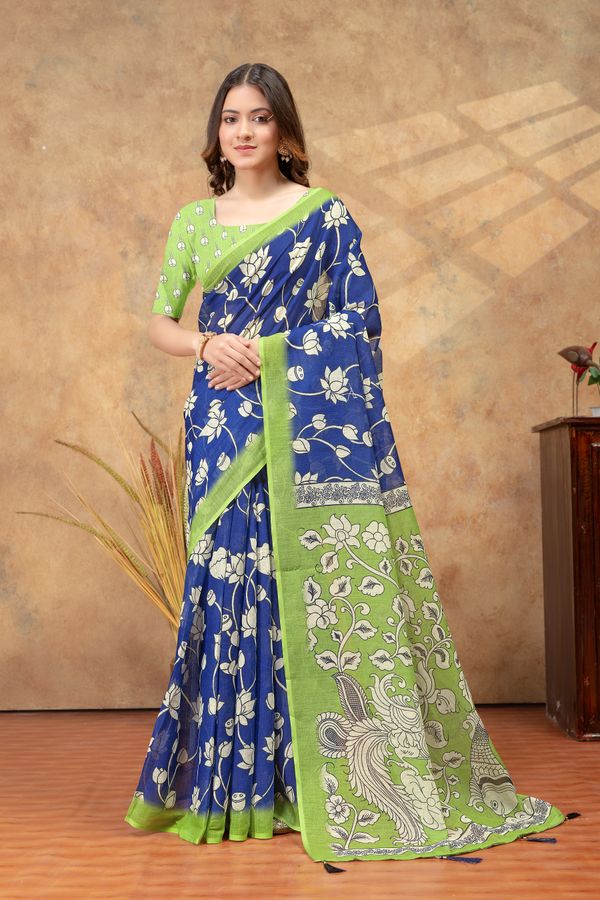 Royal Blue Linen Cotton Floral Printed Saree for Ladies