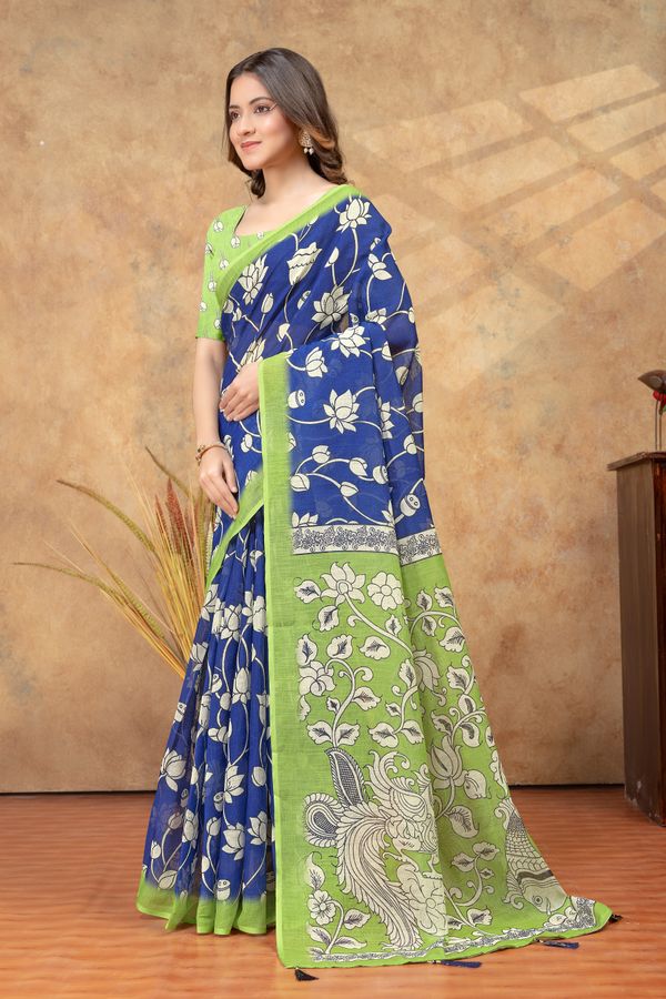 Royal Blue Linen Cotton Floral Printed Saree for Ladies