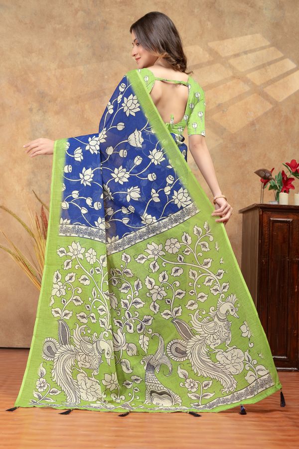 Royal Blue Linen Cotton Floral Printed Saree for Ladies