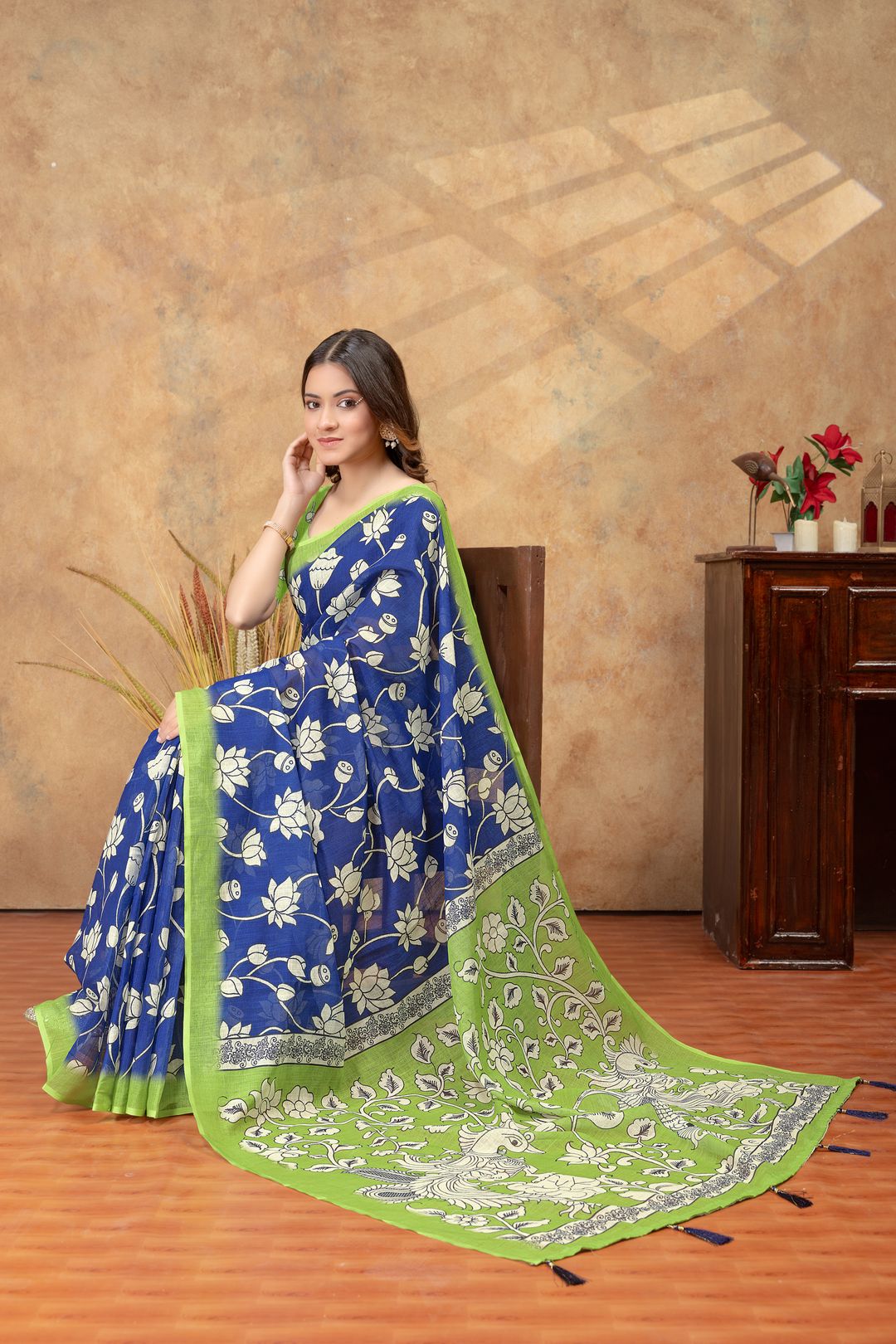 Royal Blue Linen Cotton Floral Printed Saree for Ladies