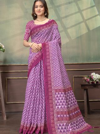 Wine Purple Satin Saree With Geometric Print & Tassel Trims