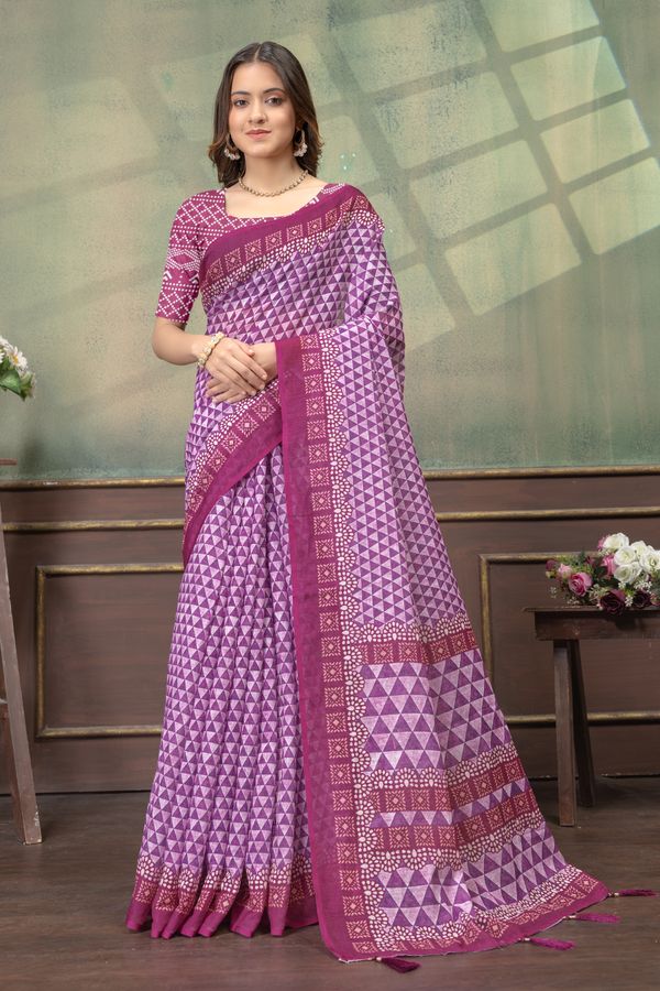 Wine Purple Satin Saree With Geometric Print & Tassel Trims