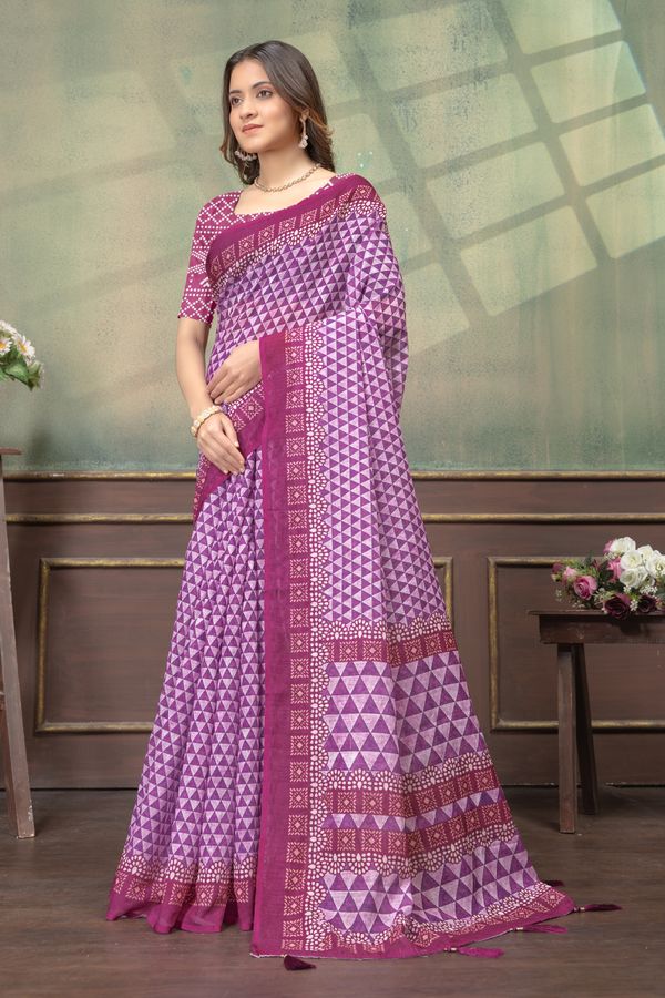 Wine Purple Satin Saree With Geometric Print & Tassel Trims