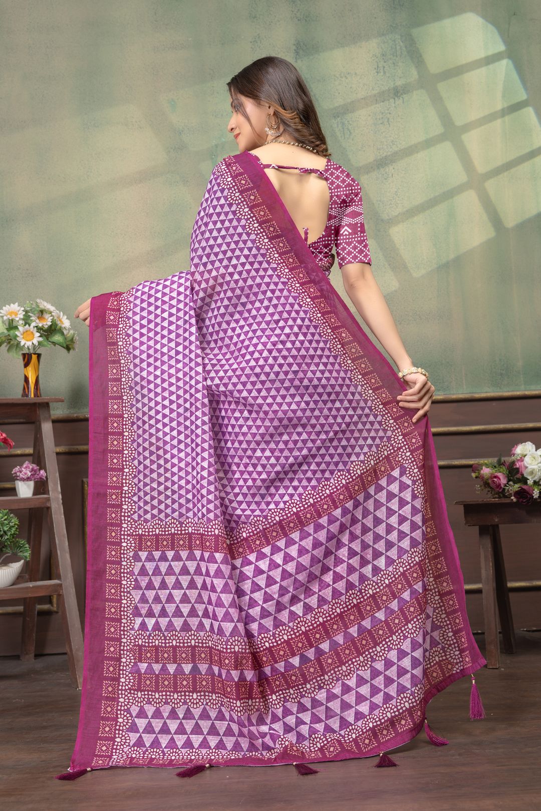 Wine Purple Satin Saree With Geometric Print & Tassel Trims