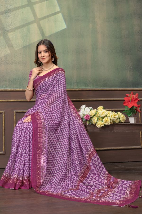 Wine Purple Satin Saree With Geometric Print & Tassel Trims