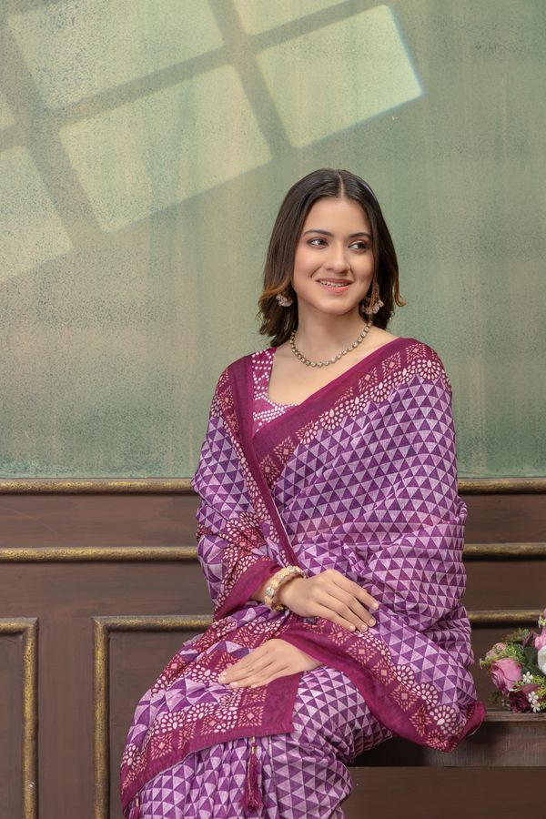 Wine Purple Satin Saree With Geometric Print & Tassel Trims