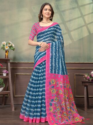 Blue Pink Floral Satin Saree with Printed Border and Blouse