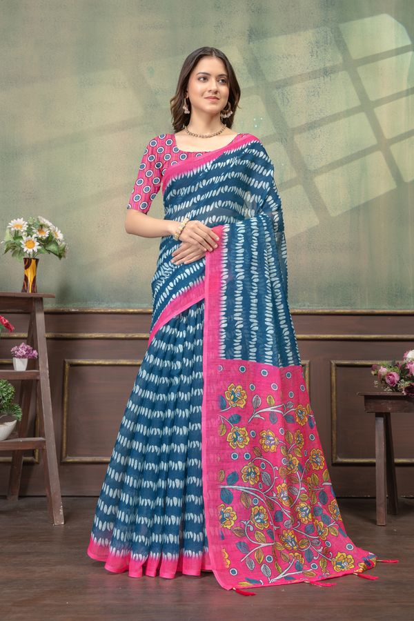 Blue Pink Floral Satin Saree with Printed Border and Blouse