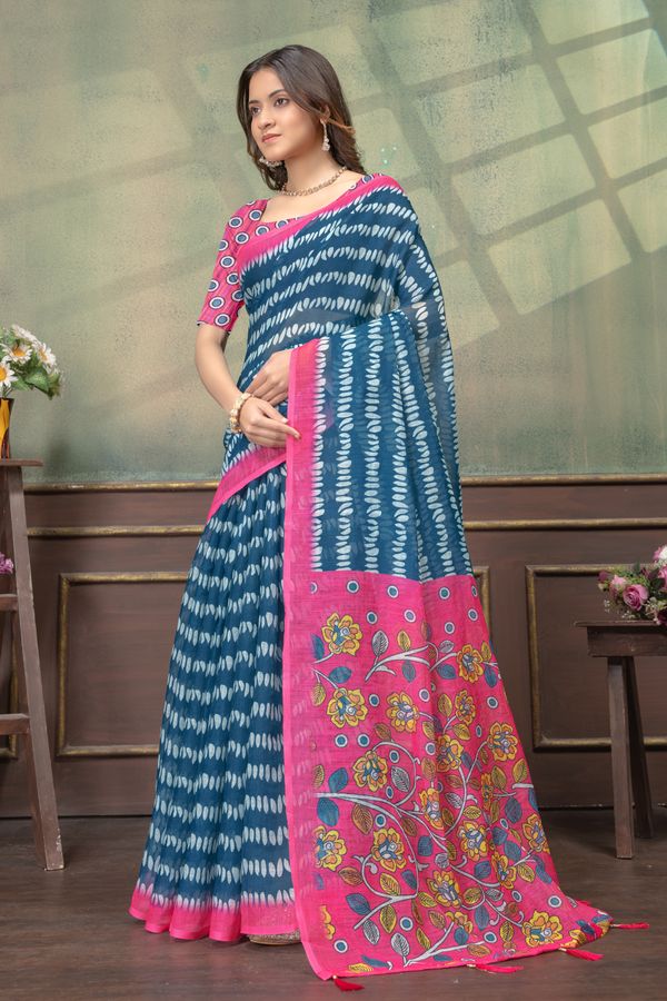 Blue Pink Floral Satin Saree with Printed Border and Blouse
