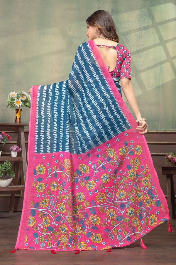 Blue Pink Floral Satin Saree with Printed Border and Blouse