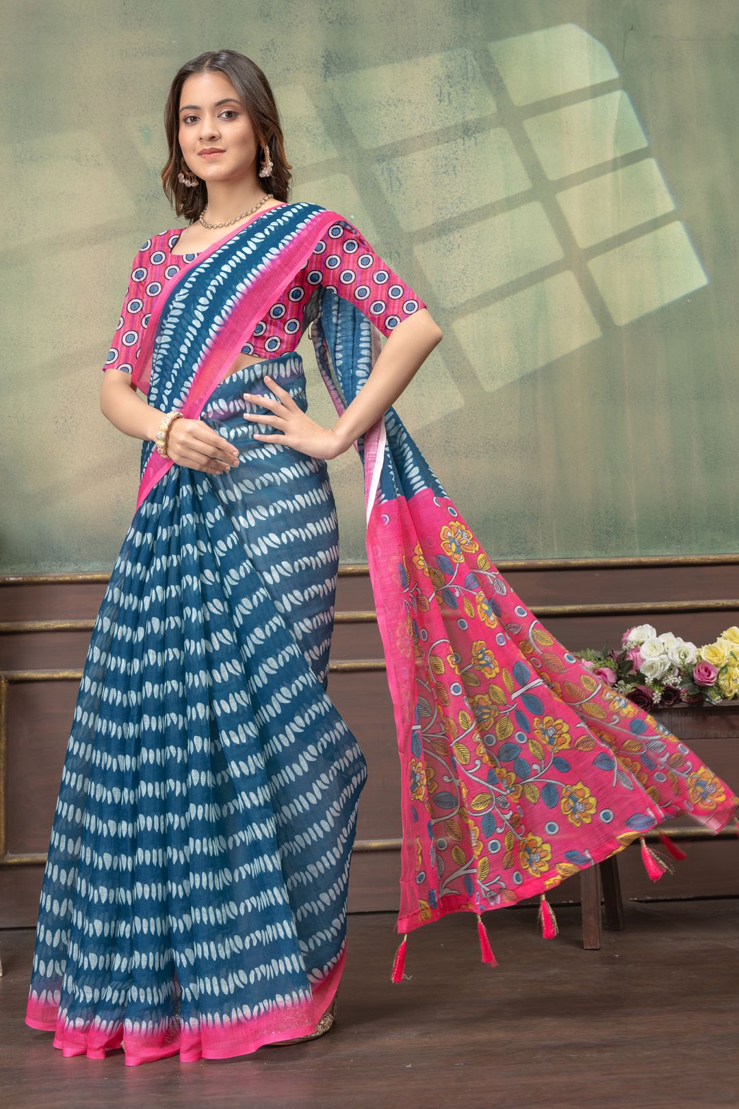 Blue Pink Floral Satin Saree with Printed Border and Blouse