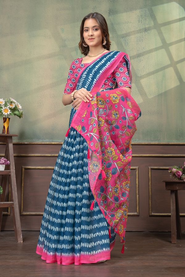 Blue Pink Floral Satin Saree with Printed Border and Blouse