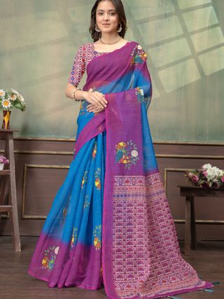 Blue Purple Bird Print Satin Saree with Matching Blouse