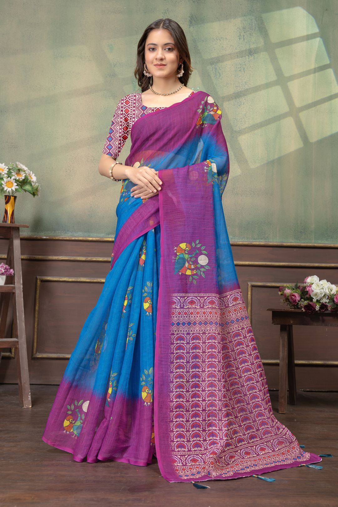 Blue Purple Bird Print Satin Saree with Matching Blouse