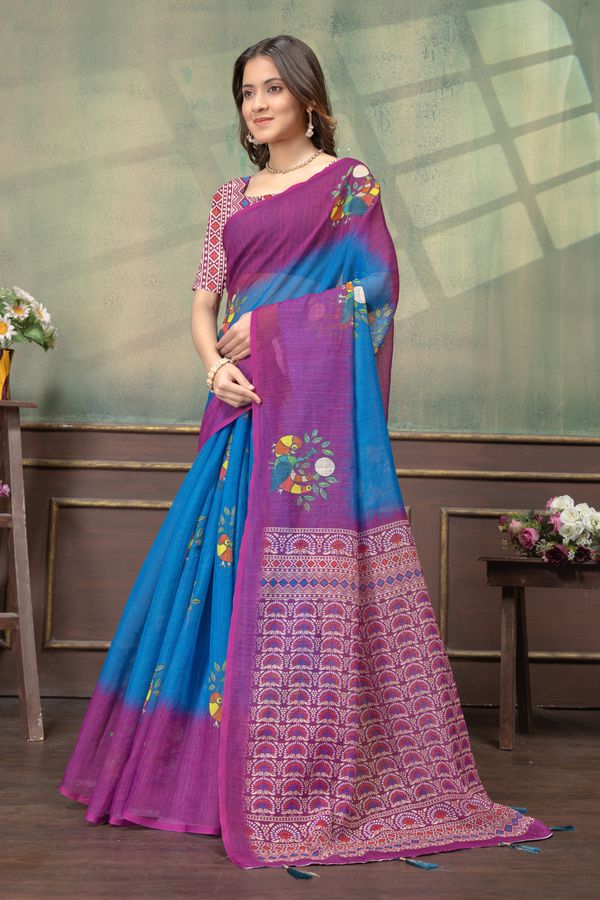 Blue Purple Bird Print Satin Saree with Matching Blouse