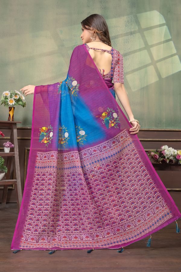 Blue Purple Bird Print Satin Saree with Matching Blouse