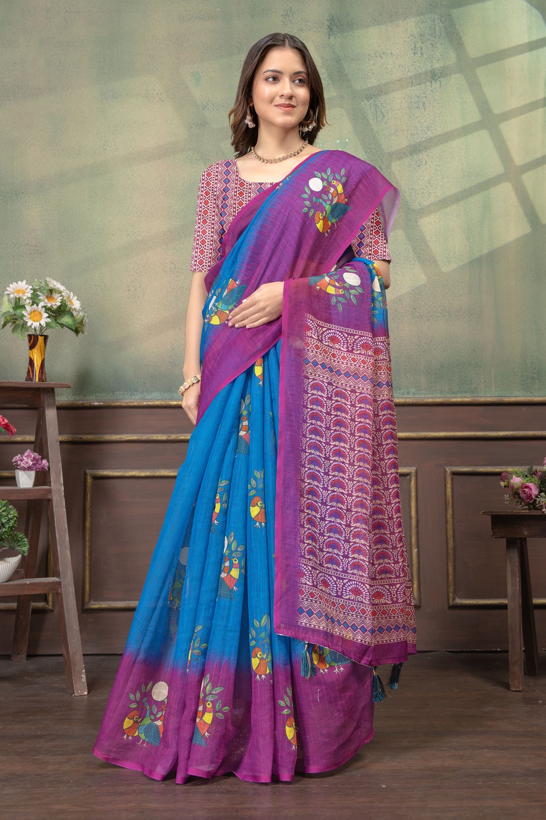 Blue Purple Bird Print Satin Saree with Matching Blouse