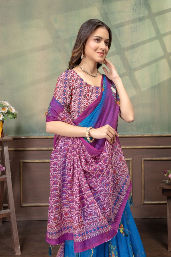 Blue Purple Bird Print Satin Saree with Matching Blouse