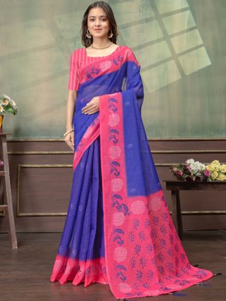 Royal Blue Pink Floral Printed Linen Cotton Saree with Blouse