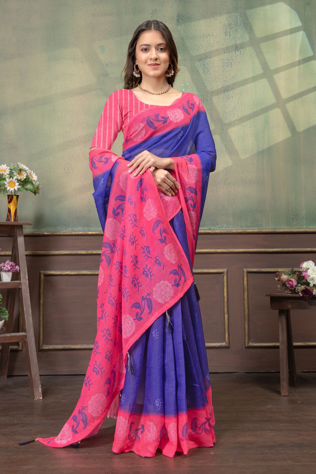 Royal Blue Pink Floral Printed Linen Cotton Saree with Blouse