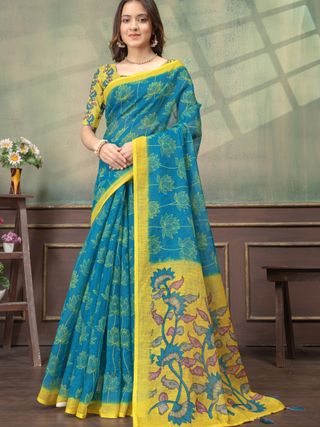 Teal Blue Lotus Print Linen Cotton Saree with Yellow Border
