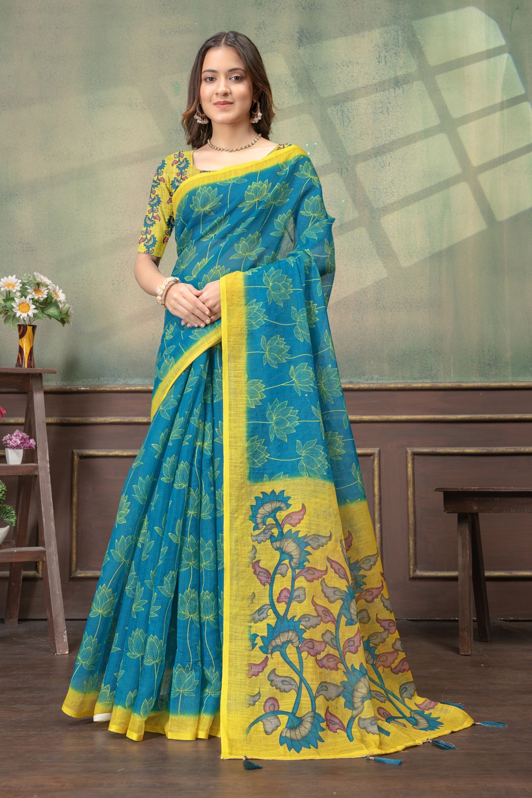 Teal Blue Lotus Print Linen Cotton Saree with Yellow Border