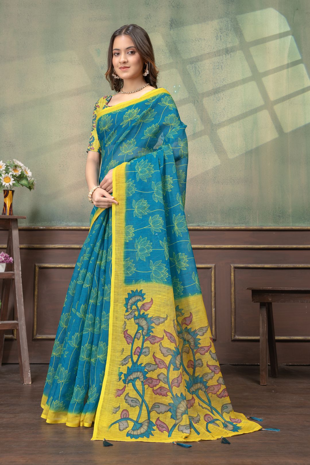 Teal Blue Lotus Print Linen Cotton Saree with Yellow Border