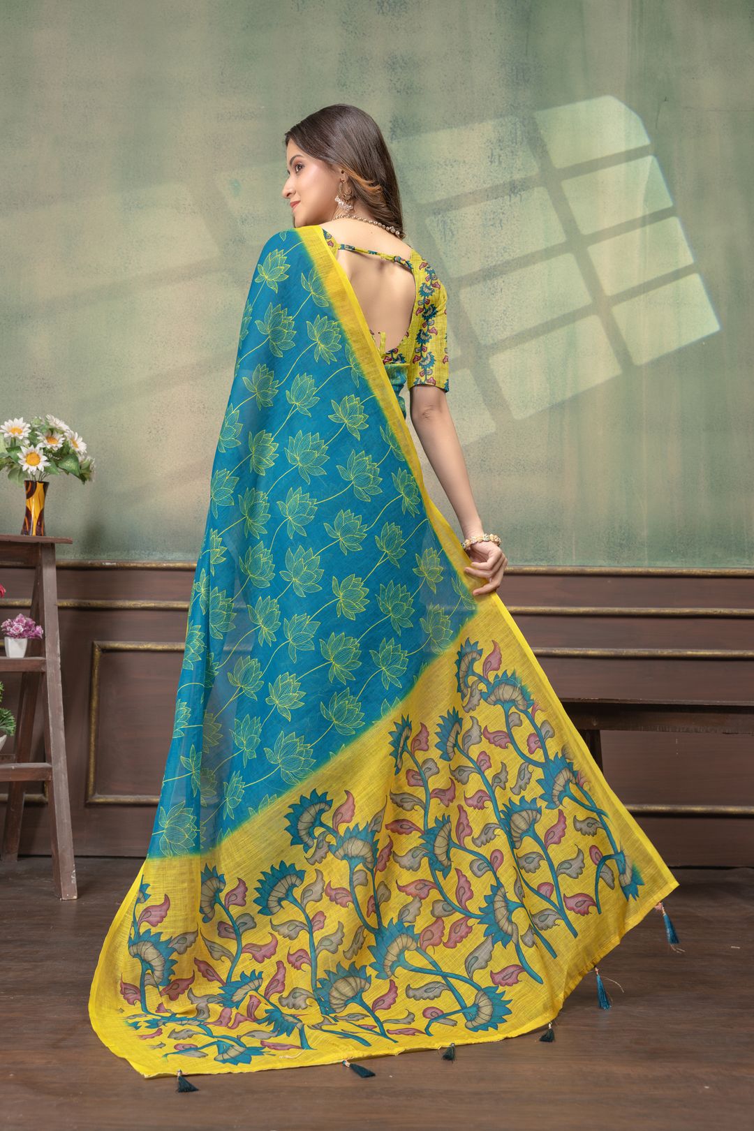 Teal Blue Lotus Print Linen Cotton Saree with Yellow Border