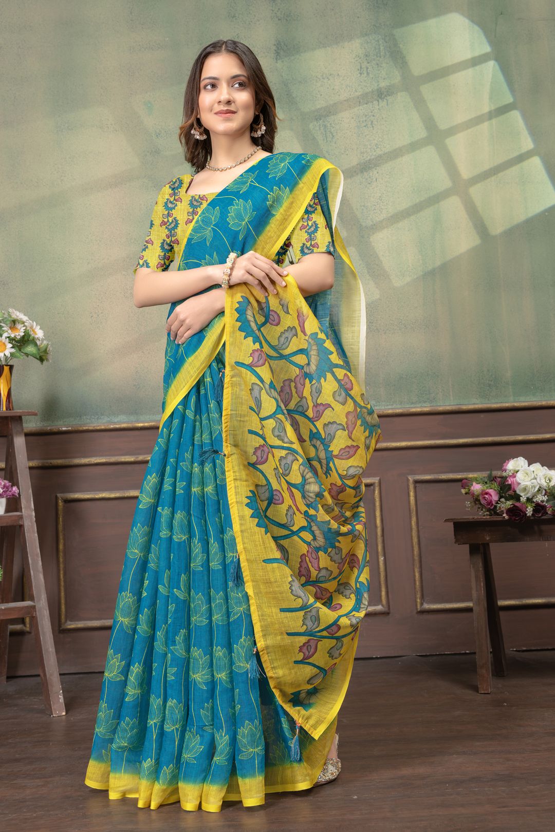 Teal Blue Lotus Print Linen Cotton Saree with Yellow Border