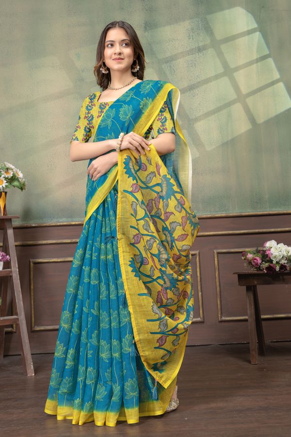 Teal Blue Lotus Print Linen Cotton Saree with Yellow Border