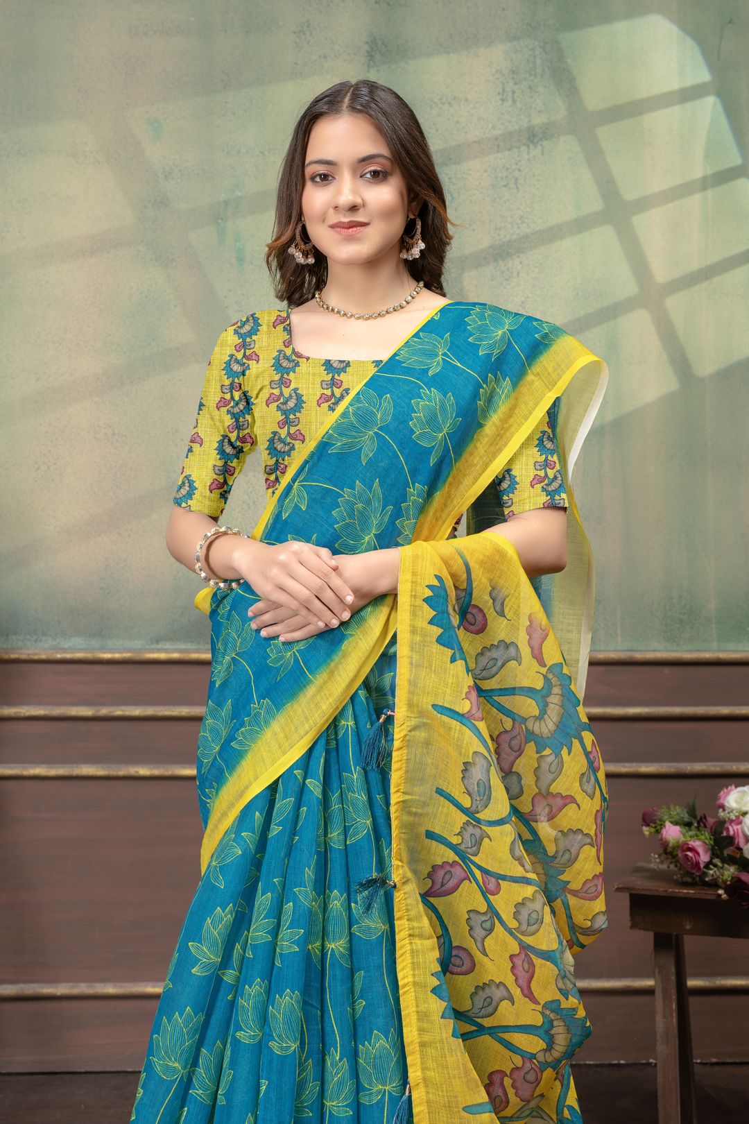 Teal Blue Lotus Print Linen Cotton Saree with Yellow Border