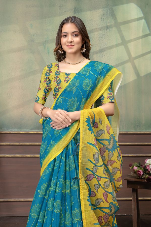 Teal Blue Lotus Print Linen Cotton Saree with Yellow Border
