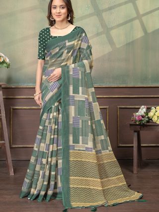 Green Linen Cotton Printed Saree with Contrast Border
