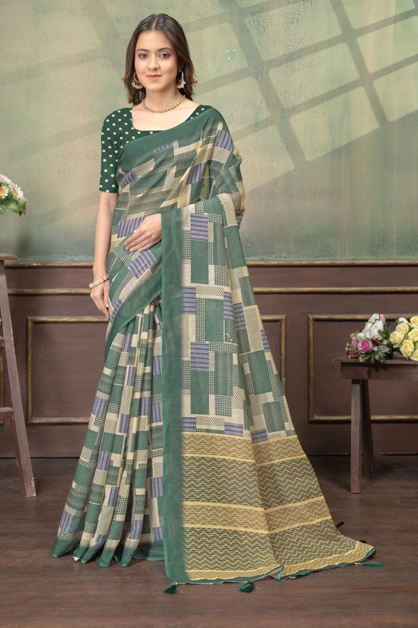Green Linen Cotton Printed Saree with Contrast Border