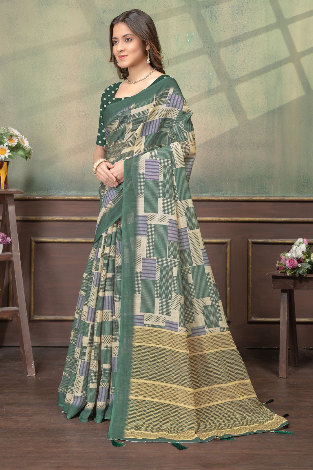 Green Linen Cotton Printed Saree with Contrast Border