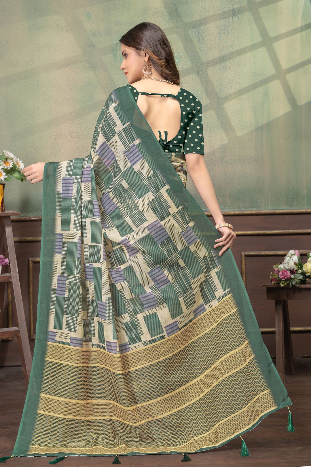 Green Linen Cotton Printed Saree with Contrast Border